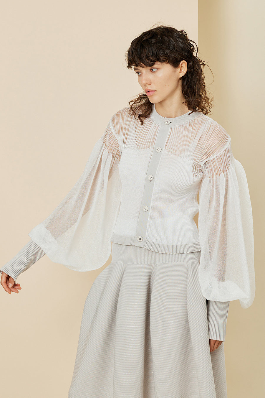 FLUTED LUCENT GLITTER PUFF SLEEVE CROPPED CARDIGAN